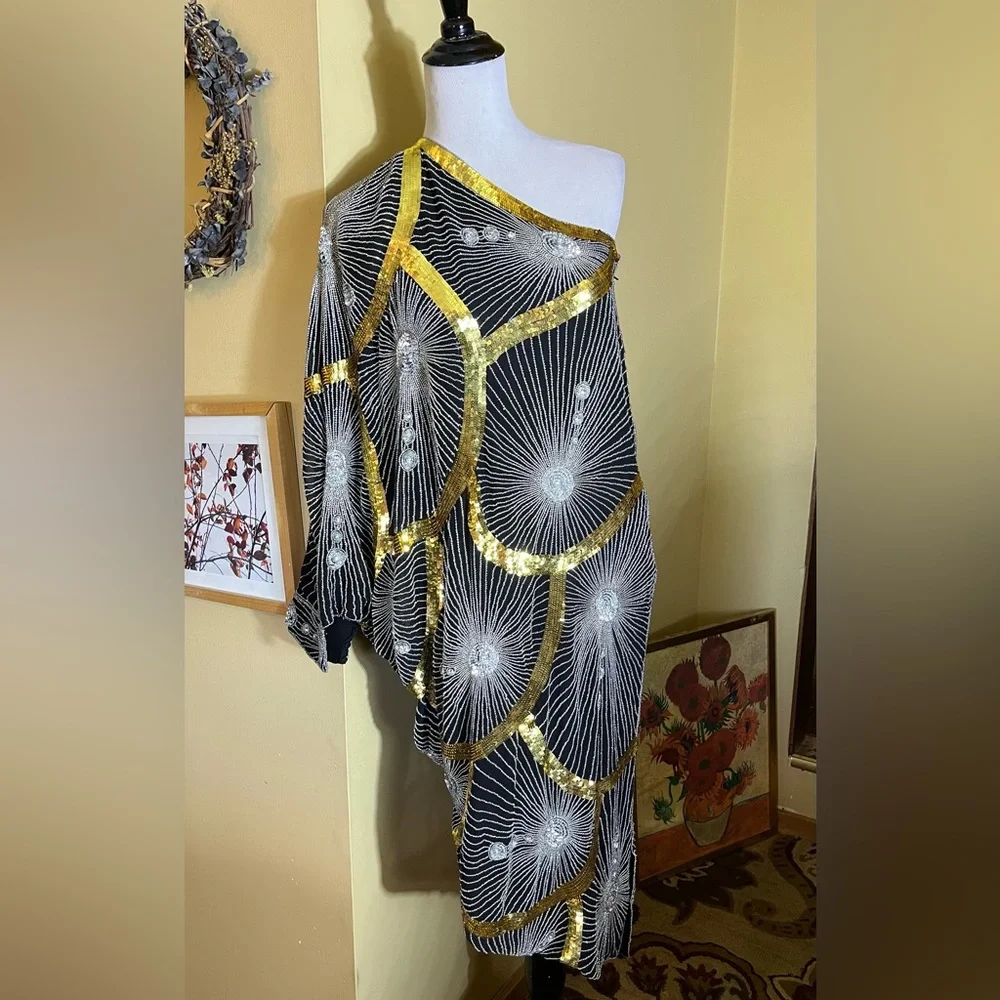 Vtg Disco Beaded Sequin Rhinestone Size Small Elegant Evening Gatsby 100% Silk - Picture 1 of 16
